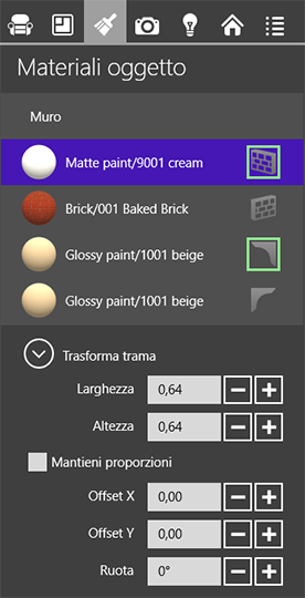 Materiali di un oggetto nella finestra di impostazioni